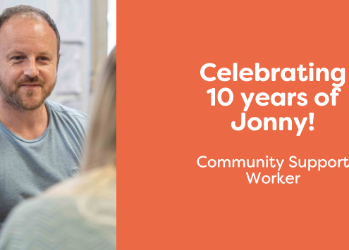 Man smiling and quote that reads: Celebrating 10 years of Jonny!