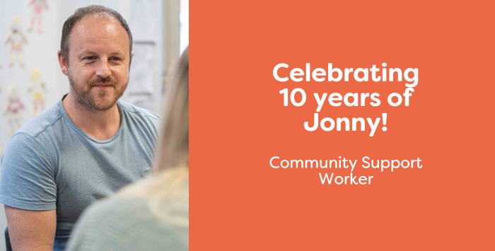 Man smiling and quote that reads: Celebrating 10 years of Jonny!