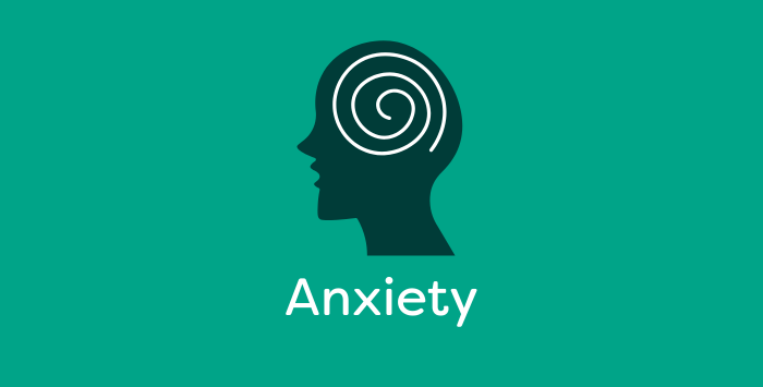 Graphic with an outline of a head with the word 'Anxiety'.