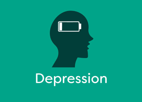 Graphic with an outline of a head with the word 'Depression'.