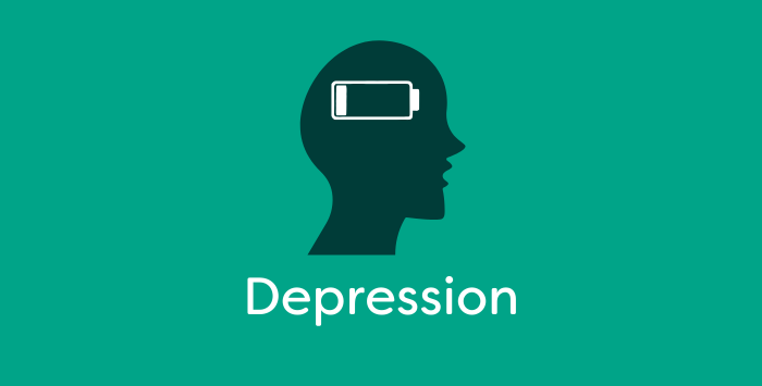 Graphic with an outline of a head with the word 'Depression'.