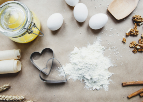 Birds eye view of baking ingredients in a kitchen