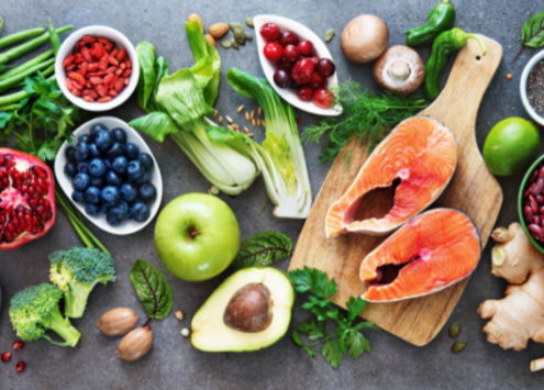 Birds eye view of a range of fresh fruit and vegetables.